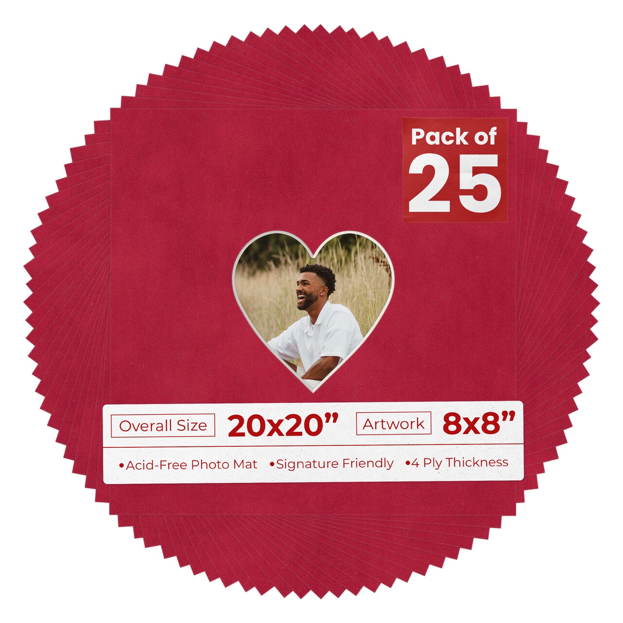 Red Suede Mat Board for 20x20 Frames - Heart Opening for 8x8 Photos